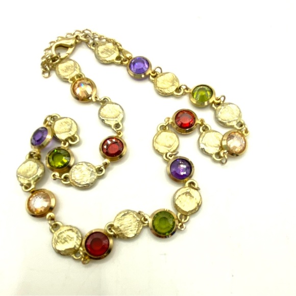 Gold Tone Multi Colored Faceted Glass Bezeled Necklace - Picture 2 of 7
